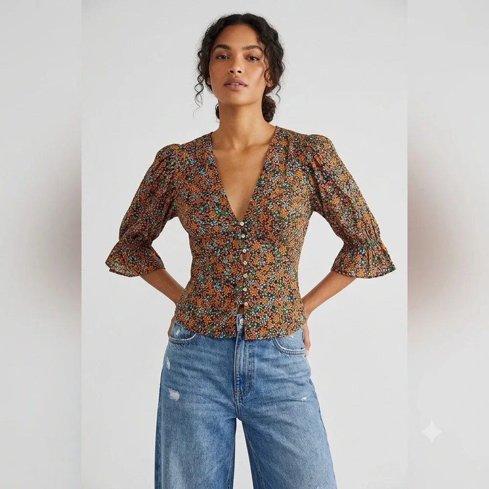 Free People Picnic Party Top Floral Button Front Puff Sleeve V-Neck Large L